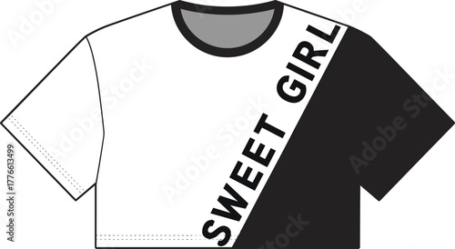 Cropped t-shirt fashion design, two-tone black white style, diagonal text SWEET GIRL, cad drawing flat vector illustration, apparel template
