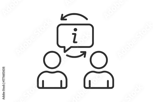 Minimal linear icon showing human figures and information bubble with circular arrows, symbolizing knowledge sharing, discussion, and peer interaction in corporate or learning systems.
