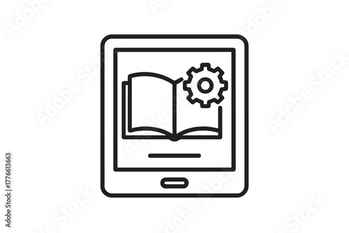 Minimal linear icon showing a digital screen with an open book and gear, ideal for tutorials, software guides, and knowledge sharing visuals in education and business contexts.