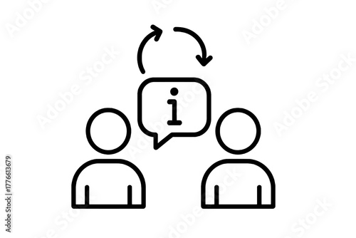 Black thin line vector icon of two people exchanging a chat bubble with an info symbol, representing collaboration, shared learning, and communication, perfect for education and teamwork visuals.
