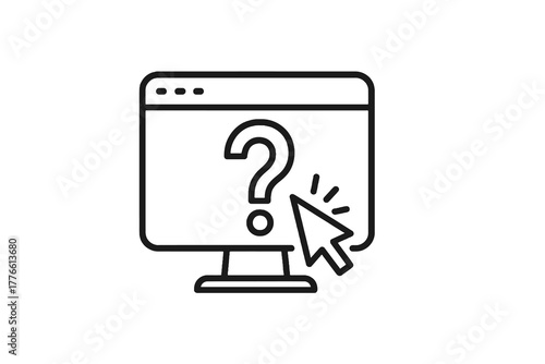 Black thin line vector icon of a monitor with a question mark and mouse cursor, representing interactive help, user support, and digital assistance systems.