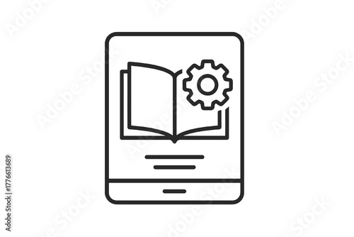 Black thin line vector icon of a tablet showing an open manual with gear symbol, representing digital instructions, help systems, and online learning resources.