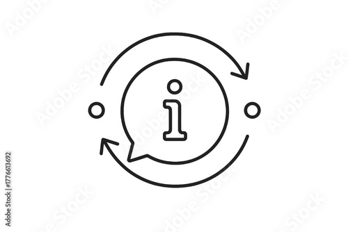 Minimal linear icon showing a chat bubble surrounded by arrows, symbolizing information flow, feedback, and shared learning, perfect for education and business communication visuals.