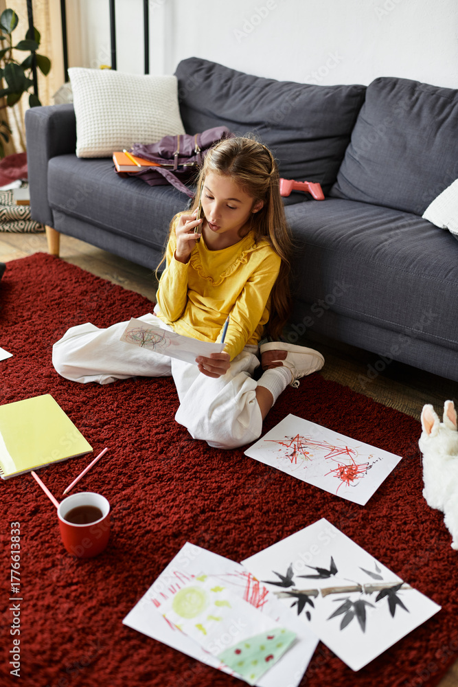 Obraz premium Creative girl enjoys artistic moments at home with colorful drawings on the floor