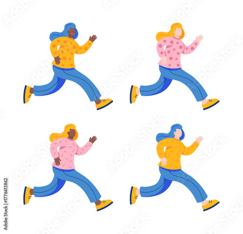 Running women with different skin tones in colorful clothes. Flat design illustration. Vector clipart.
