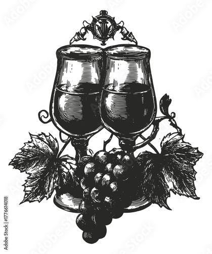 Two glasses of wine with grapes