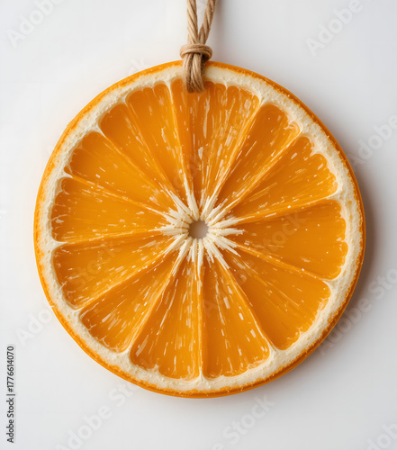 Realistic orange slice decorative piece hanging on a white background with copy space