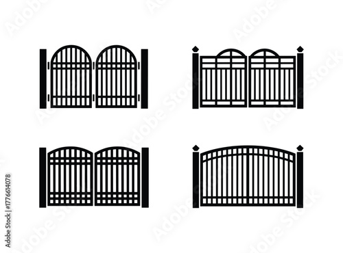 Four Black and White Gate Designs, Isolated Illustrations Showcasing Security and Architectural Details