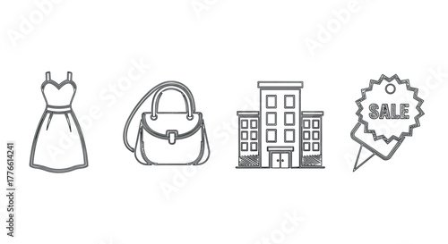 Linear icons for fashion, accessories, building, and sale tags