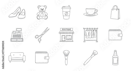 Minimalistic linear icons shopping, fashion, and lifestyle essentials