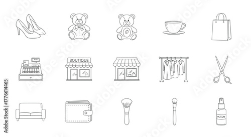 Handdrawn shopping and fashion icons collection featuring boutique, shoes, and accessories