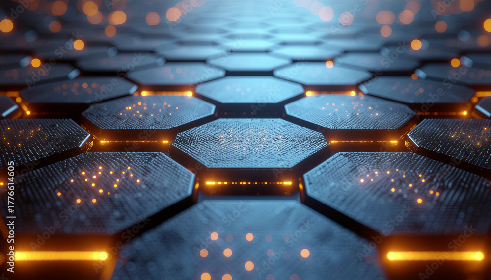 Fototapeta premium Dark metallic hexagonal tile surface with orange edge lights and scattered glowing nodes in a honeycomb pattern, creating sleek high-tech depth and a sci-fi digital aesthetic.