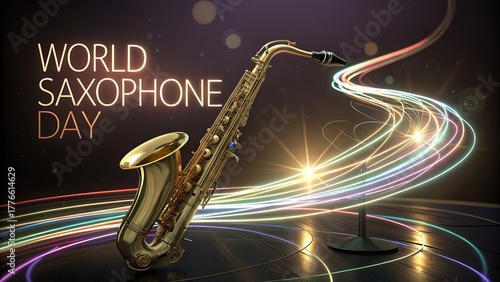 Golden Saxophone on Reflective Glass Surface Artistic Composition.