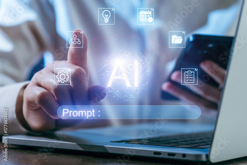 Person interacting with AI technology on a laptop during a thoughtful session at an office space