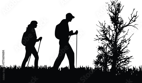 Silhouette hikers walking with backpacks and trekking poles on grassy outdoor trail near leafless tree, adventure travel nature exploration vector