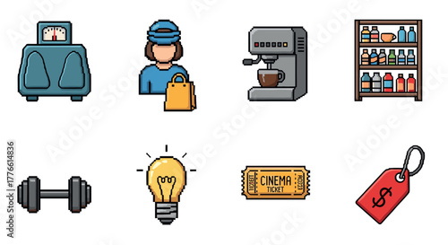 Pixel art icons daily essentials and activities set