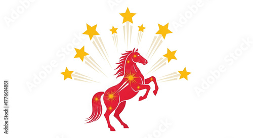 Red horse with stars illustration, vector art design for print product