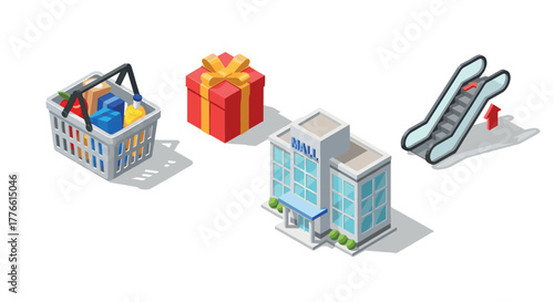Isometric shopping elements with gift box, mall building, and escalator