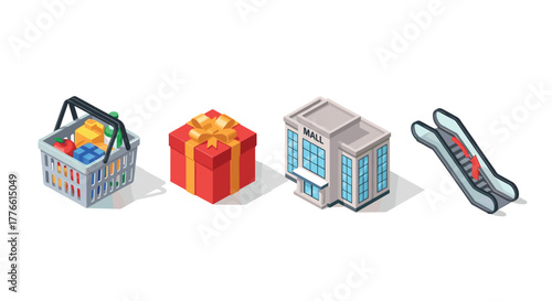 Isometric shopping concept with gift, mall, and escalator elements