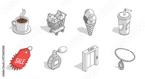 Isometric icon set featuring coffee cup, shopping cart, ice cream, beverage, and accessories