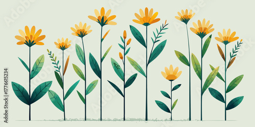 Bright yellow daisy flowers bloom in the grass of a spring garden, a beautiful nature scene