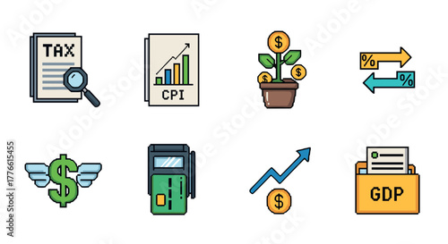 Economic icons set taxes, inflation, investment, gdp growth in modern linear style