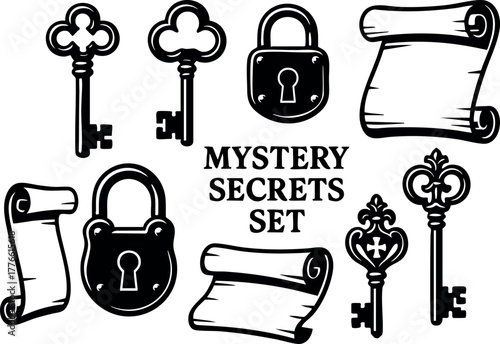 Mystery secrets set with vintage keys, scrolls, and locks vector design for cryptic and enigmatic themes
