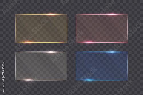 A set of glowing neon frames in various colors on a transparent background. These vibrant frames are perfect for UI overlays, banners, product packaging, app templates, and other design elements.