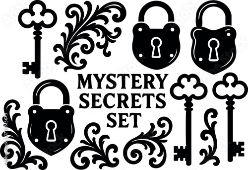Mystery secrets set with vintage keys and padlocks vector illustration for design and decoration purposes