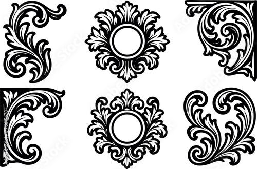 Classic ornamental vintage floral corner and round frame decorative vector set for elegant design and art embellishment