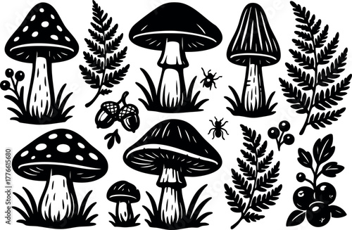 Mushrooms and Ferns with Insects Vector Illustration in Black and White Natural Elements Design