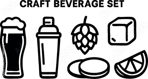 Craft beverage set with beer glass, cocktail shaker, hops, ice cube, lemon slice, and coasters vector design for drink lovers