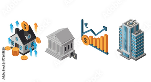 Isometric financial growth concept featuring bank, real estate, and office buildings