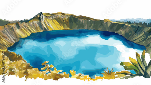 Quilotoa Crater Lake. Quilotoa Crater Lake hand drawn watercolor illustration