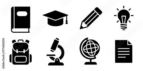 Set of education icons, including a book, graduation cap, pencil, light bulb, backpack, microscope, globe, and document, isolated on white.
