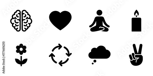 A collection of mindfulness and wellness icons including a brain, heart, yoga pose, candle, flower, circular arrows, thought bubble, and peace sign, all in black silhouette.