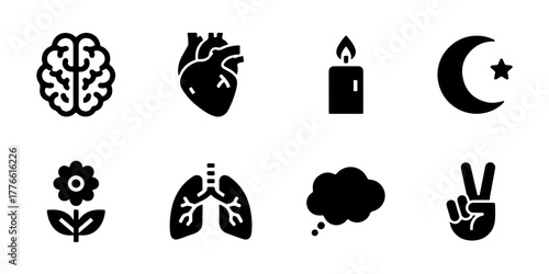 A collection of black silhouette icons representing various concepts including the brain, crescent moon and star, flower, lungs, thought bubble, and a peace sign hand gesture,on a white background.