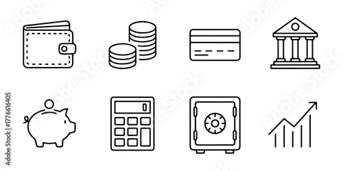 A set of finance line icons. This collection of outline icons represents banking, money management, and investment concepts, including a wallet, bank, credit card, and dollar sign.