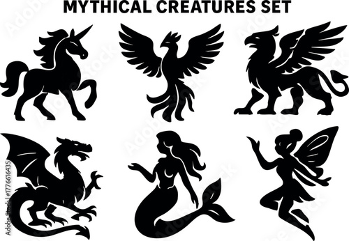 Mythical creatures silhouette set with unicorn phoenix griffin dragon mermaid fairy vector collection for fantasy designs