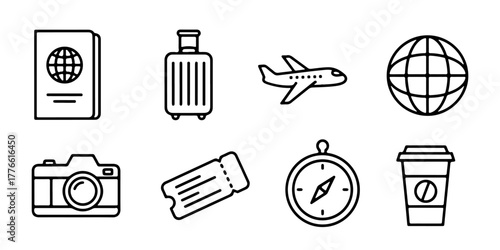 A set of travel line icons. This collection of outline icons represents vacation, adventure, and global exploration concepts, including a passport, luggage, airplane, and camera.