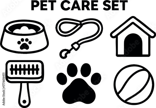 Pet care set with bowl leash house brush paw and ball icons vector illustration collection