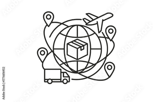 Thin linear icon of a global shipping network featuring connected routes, airplane, truck, and parcel, symbolizing worldwide logistics, tracking, and supply chain systems.