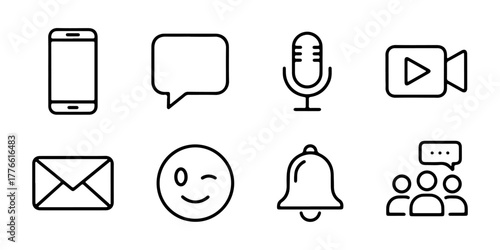 A set of communication line icons. This collection of outline icons represents digital interaction and messaging concepts, including a smartphone, chat bubble, microphone, and email.