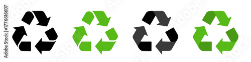 PrintA set of recycling symbols. This collection displays the universal recycling arrow emblem in various black, grey, and green color combinations, representing environmental sustainability.