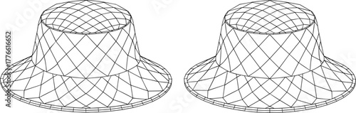 Wireframe bucket hat vector illustration showing mesh grid surface topology with cylindrical crown and wide brim, 3D modeling design concept