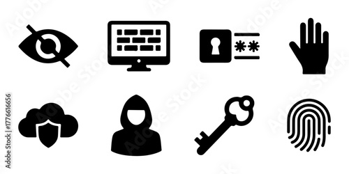 A set of cybersecurity icons. This collection of black silhouette icons represents digital security, privacy, and data protection concepts, including lock, shield, and fingerprint.