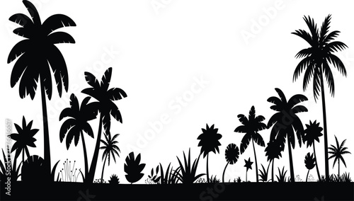 Tropical jungle landscape silhouette vector illustration, palm tree and foliage design, exotic rainforest plants, black and white nature background art