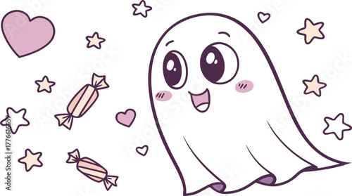 Adorable Halloween Ghost Flying with Candy, Stars, Hearts, and Bats, Perfect for Spooky Season Designs and Children's Illustrations, Originally a Vector Graphic