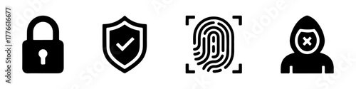 A set of cybersecurity icons. This collection of black silhouette icons represents digital security, privacy, and data protection concepts, including lock, shield, and fingerprint.