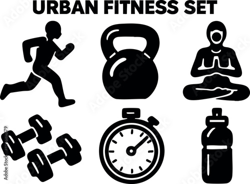 Urban fitness set with running yoga dumbbells stopwatch and water bottle icons for workout designs